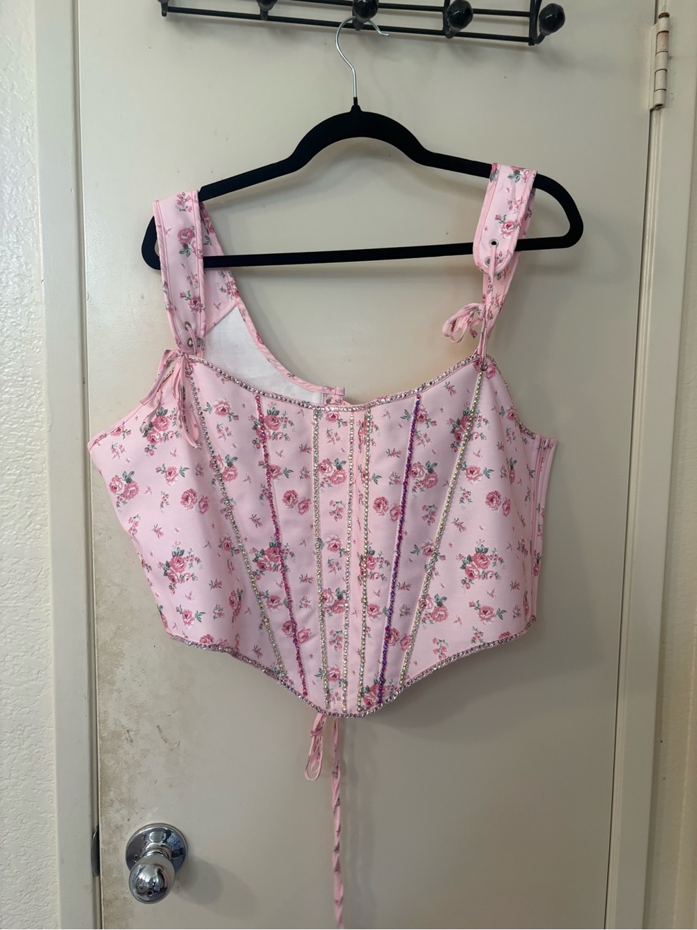 Floral Pink Corset Top with Rhinestones